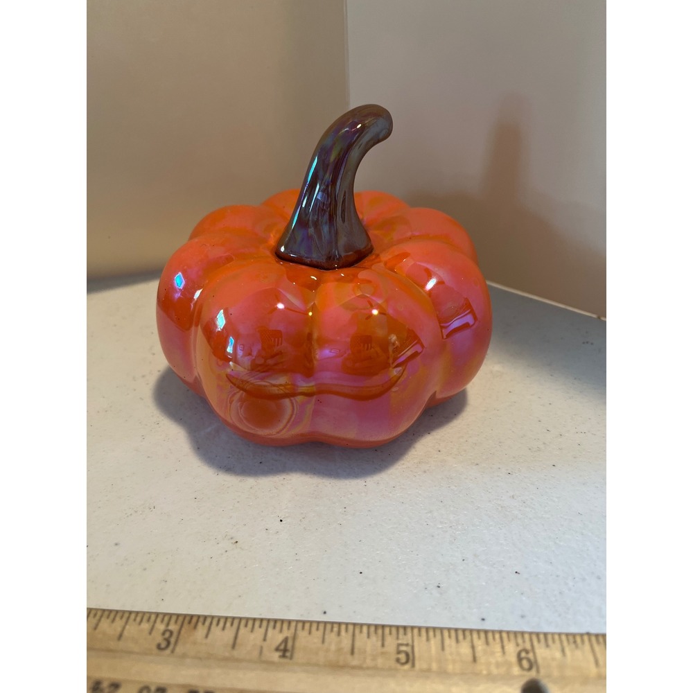 Iridescent Orange Ceramic Pumpkin Figurine Fall Autumn Home Decor 4 Inch